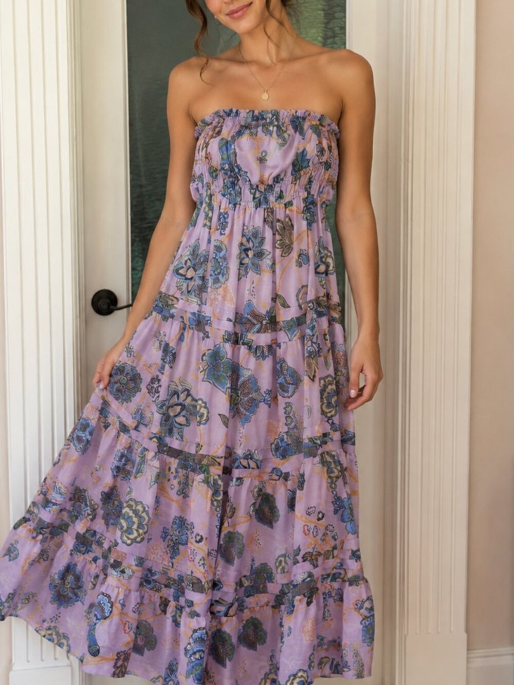 NWOT Maeve Anthropologie Strapless Lavender Floral Tiered Maxi Dress